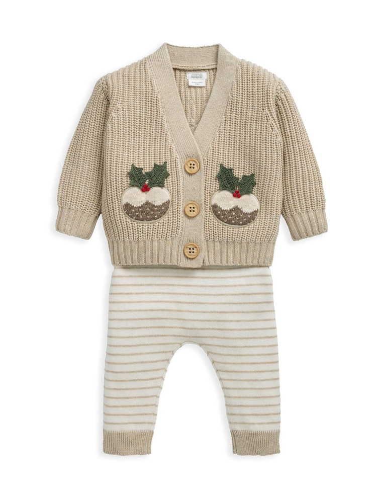 Mamas & Papas Little Pudding Christmas Cream Cardigan & Leggings Knit Set - Image 2 of 5