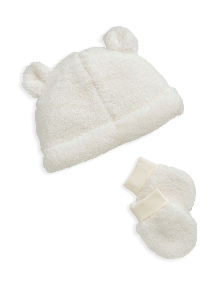 Mamas & Papas Cream Borg Hat & Mittens Set  with 3D Bear Ears - Image 1 of 2