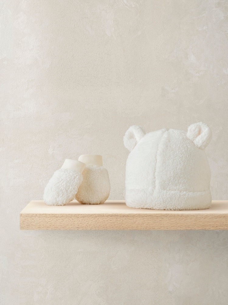 Mamas & Papas Cream Borg Hat & Mittens Set  with 3D Bear Ears - Image 2 of 2