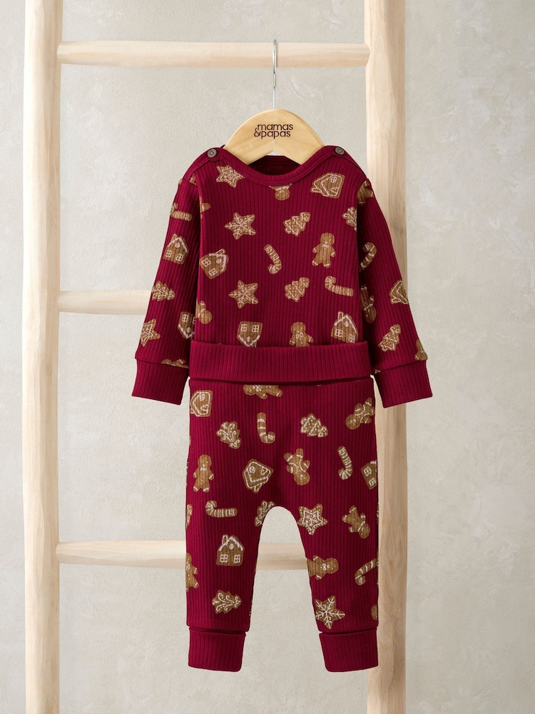 Mamas & Papas Gingerbread Print Christmas Red Top & Leggings Set - Image 1 of 4 Mamas & Papas Gingerbread Print Christmas Red Top & Leggings Set - Image 1 of 4