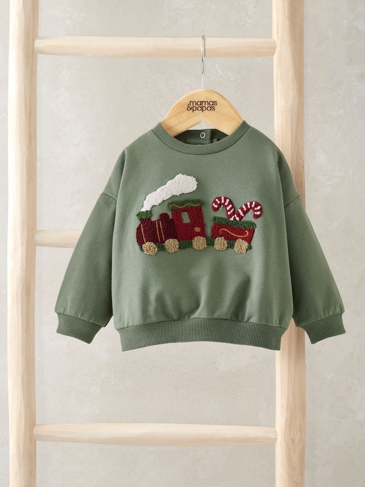 Mamas & Papas Train Christmas Green Sweatshirt - Image 1 of 2 Mamas & Papas Train Christmas Green Sweatshirt - Image 1 of 2