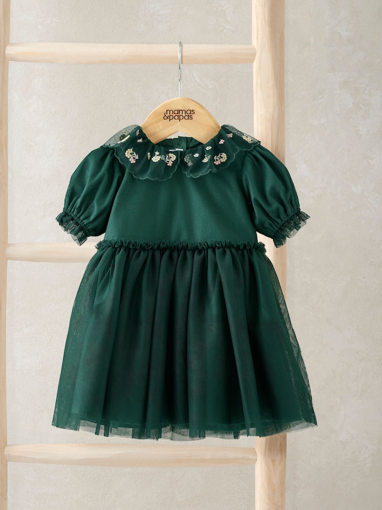 Mamas & Papas Green Embroidered Collar Mesh Tulle Dress - Image 1 of 1