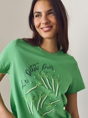 Green Embellished Petit Pois Short Sleeve Crew Neck T-Shirt - Image 5 of 8