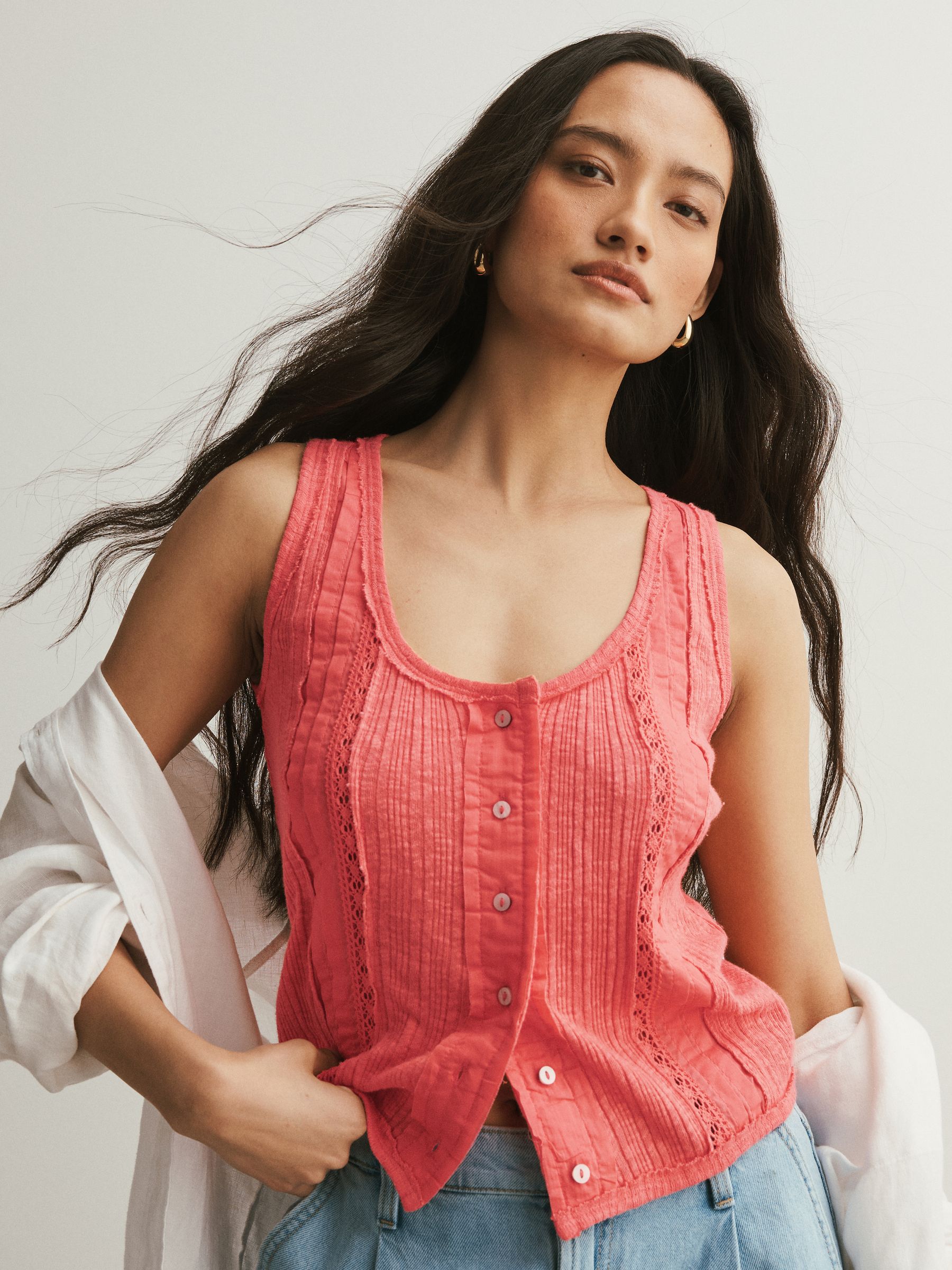 Buy Peach Pink Pintuck Button Through Jersey Sleeveless Vest from