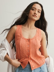 Peach Pink Pintuck Button Through Sleeveless Top - Image 1 of 4