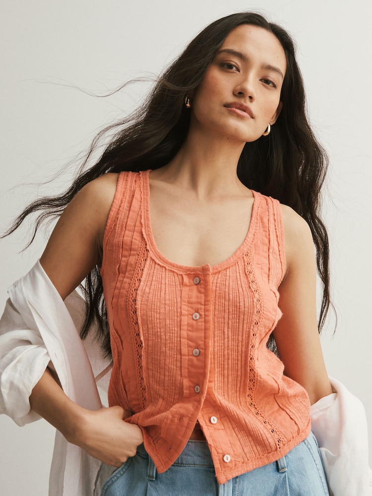 Peach Pink Pintuck Button Through Sleeveless Top - Image 1 of 4