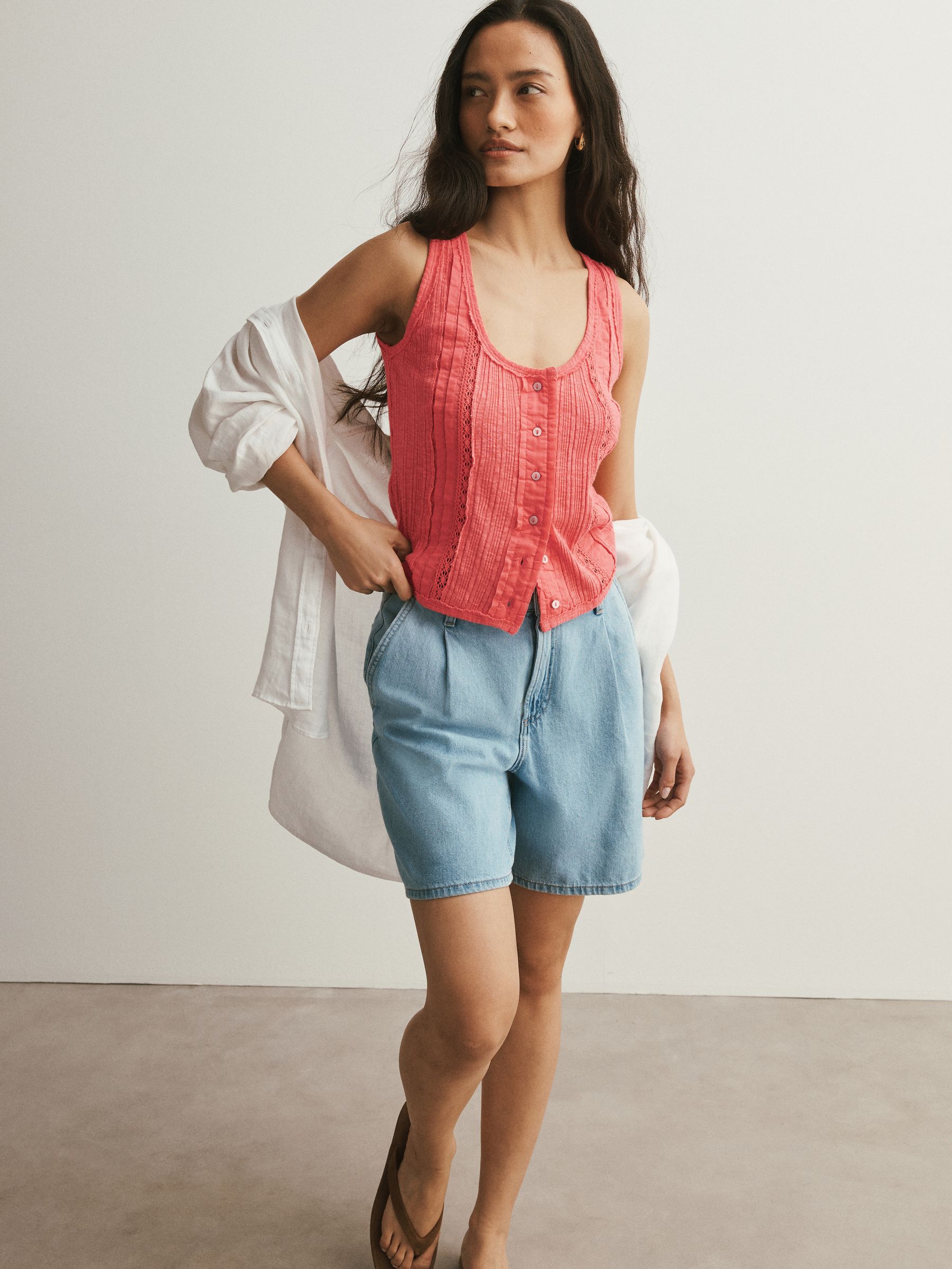 Buy Peach Pink Pintuck Button Through Jersey Sleeveless Vest from