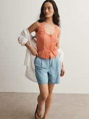 Peach Pink Pintuck Button Through Sleeveless Top - Image 2 of 4