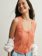 Peach Pink Pintuck Button Through Sleeveless Top - Image 4 of 4