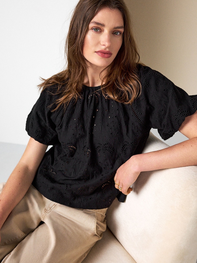 Black Broderie Short Sleeve Crew Neck Top - Image 1 of 8 Black Broderie Short Sleeve Crew Neck Top - Image 1 of 8