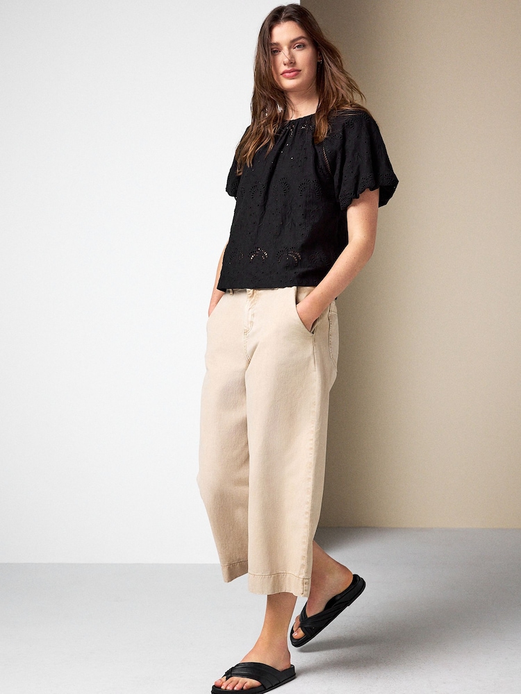 Black Broderie Short Sleeve Crew Neck Top - Image 2 of 8 Black Broderie Short Sleeve Crew Neck Top - Image 2 of 8