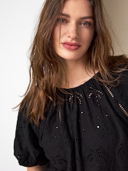 Black Broderie Short Sleeve Crew Neck Top - Image 5 of 8