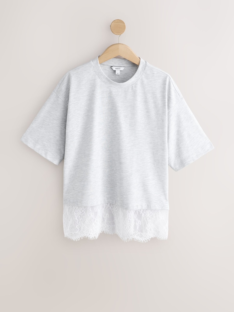 Grey Short Sleeve Lace Hem T-Shirt - Image 1 of 3
