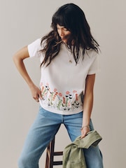 White Embellished Floral Short Sleeve Crew Neck T-Shirt - Image 1 of 8