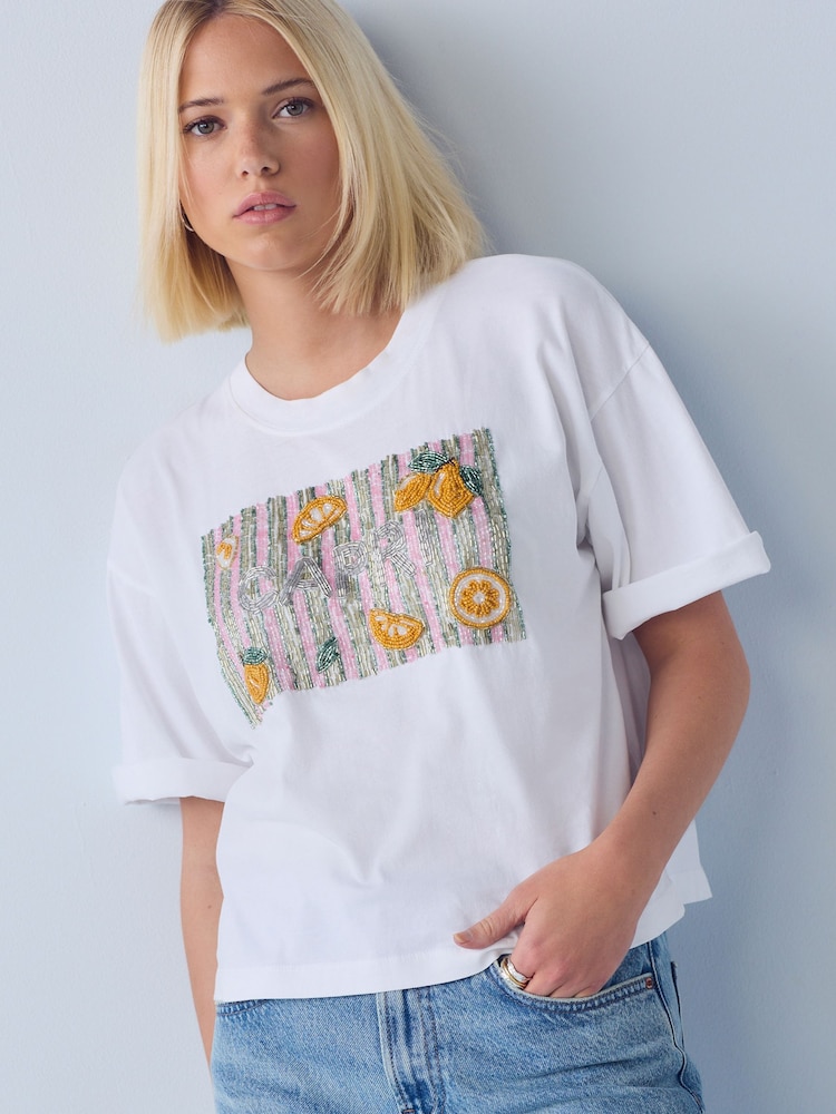 White Sparkle Capri Short Sleeve Crew Neck T-Shirt - Image 1 of 8