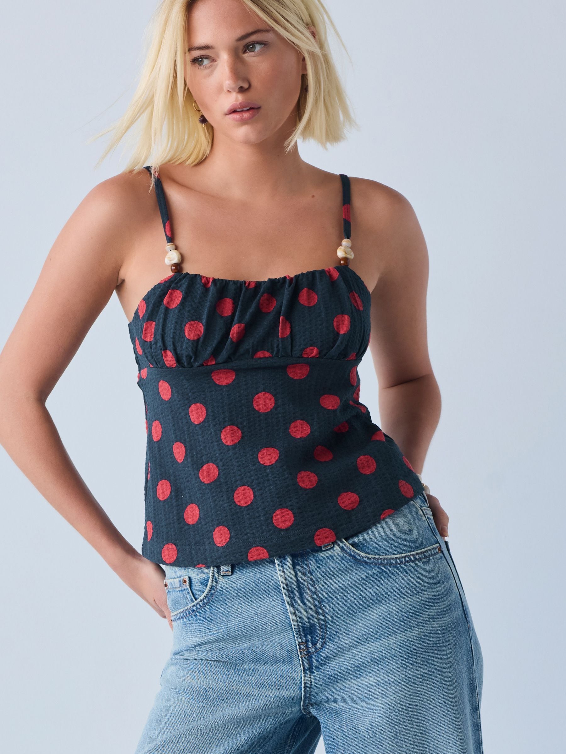 Red/Navy Blue Polka Dot Beaded Strap Sleeveless Top