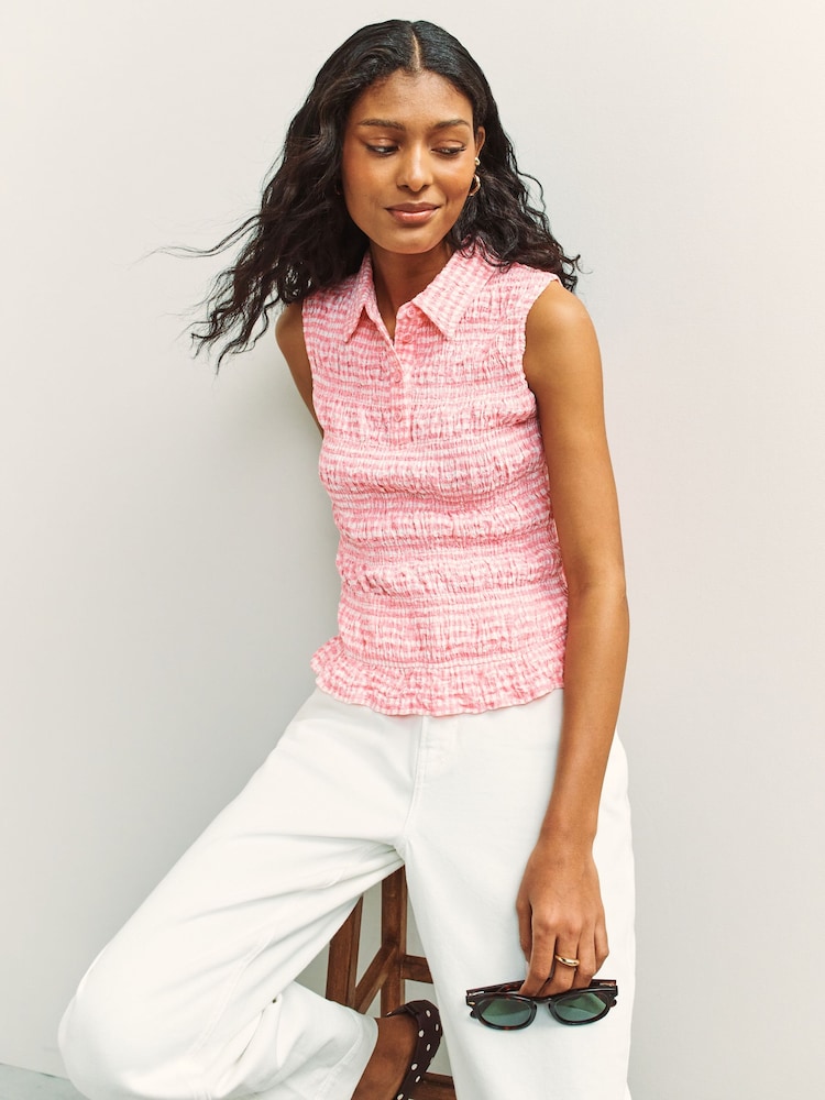Pink Gingham Shirred Sleeveless Polo Top - Image 1 of 6