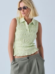 Lime Green Gingham Shirred Sleeveless Polo Top - Image 2 of 8