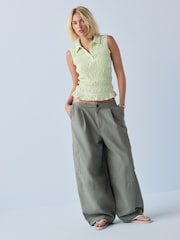 Lime Green Gingham Shirred Sleeveless Polo Top - Image 4 of 8