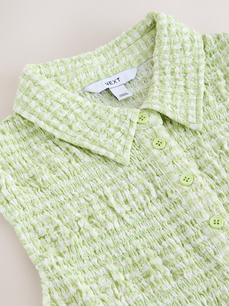 Lime Green Gingham Shirred Sleeveless Polo Top - Image 8 of 8