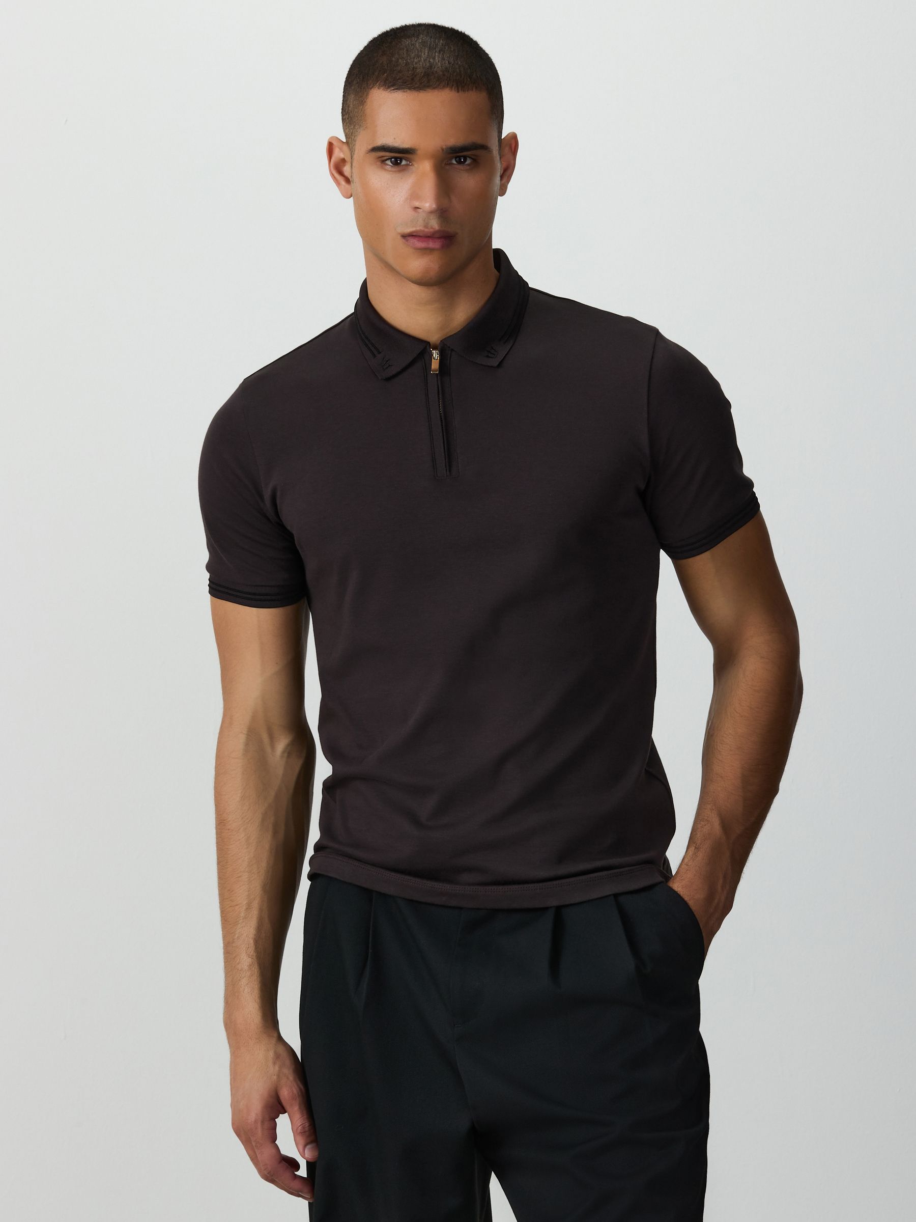 Buy Brown Tipped Trident Collar Zip Neck Polo Shirt from the Next