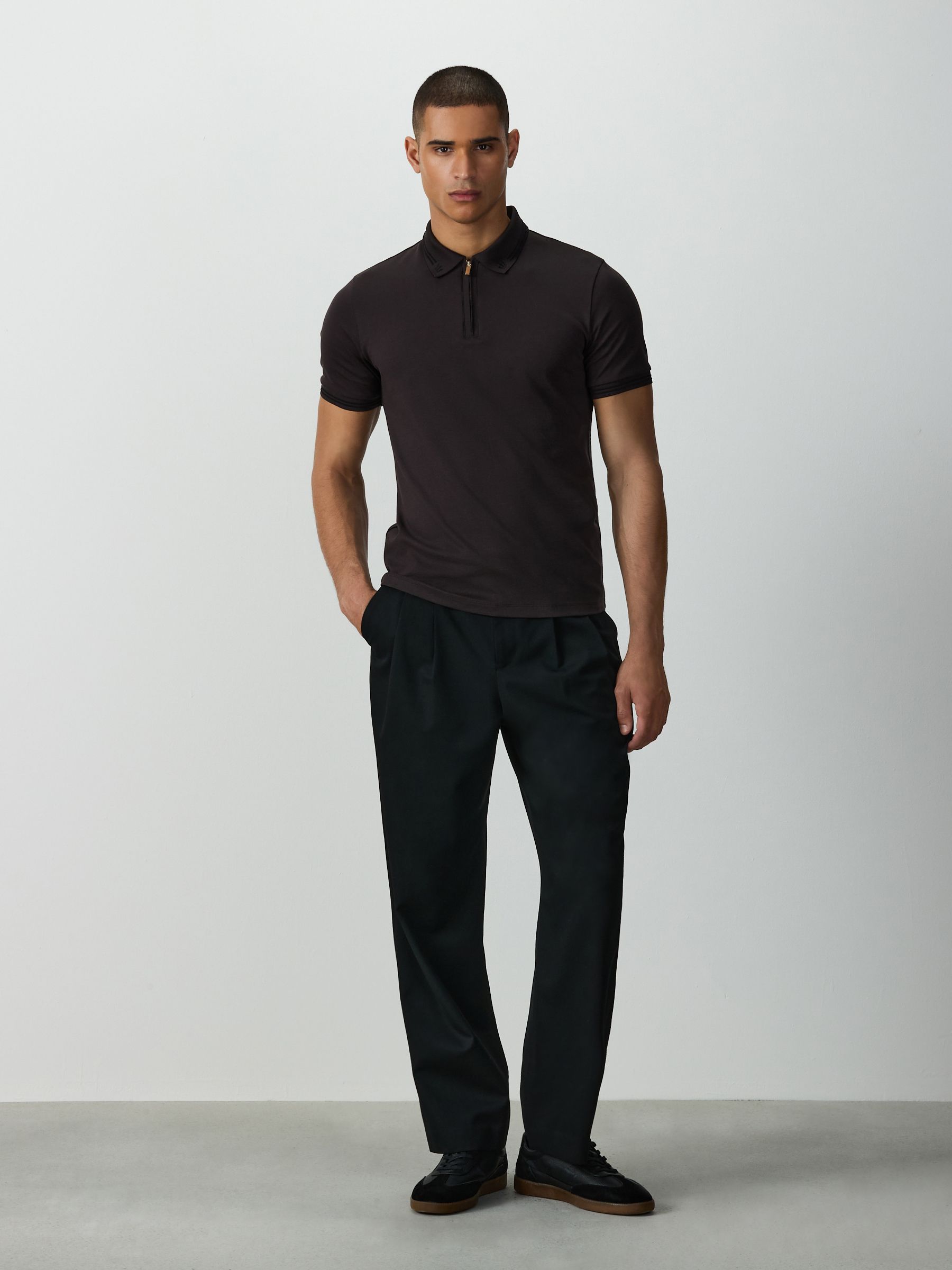 Buy Brown Tipped Trident Collar Zip Neck Polo Shirt from the Next