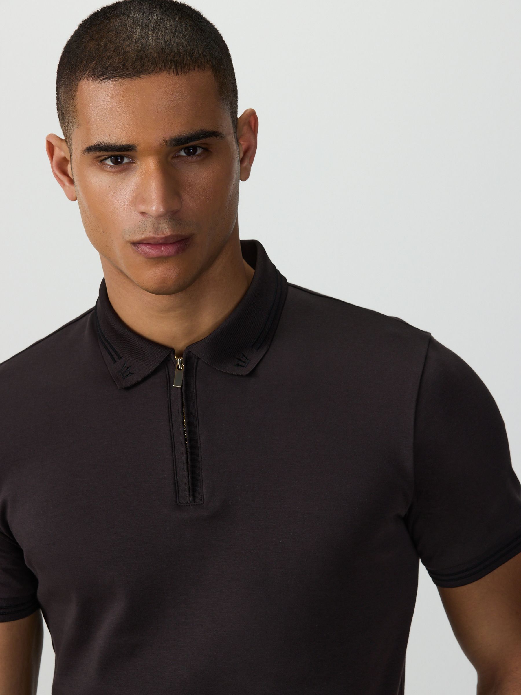 Buy Brown Tipped Trident Collar Zip Neck Polo Shirt from the Next
