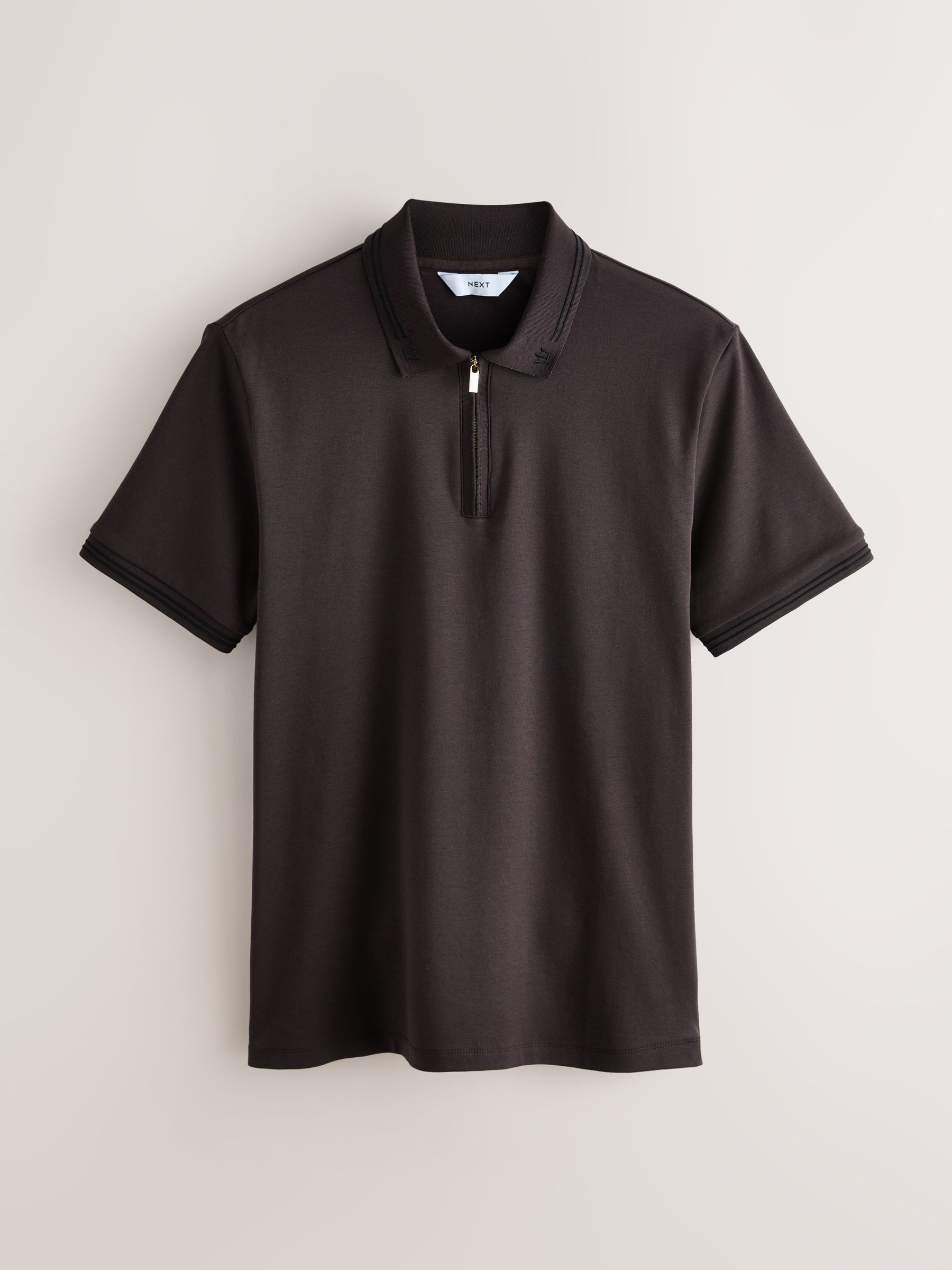Buy Brown Tipped Trident Collar Zip Neck Polo Shirt from the Next