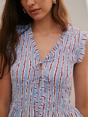 Red/Blue Stripe Smocked Tie Front V-Neck Top - Image 2 of 4