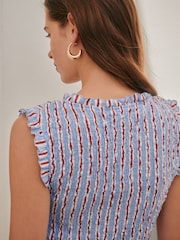 Red/Blue Stripe Smocked Tie Front V-Neck Top - Image 4 of 4