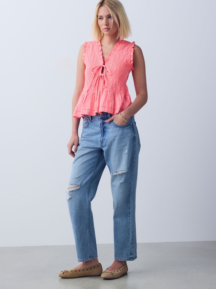 Bright Pink Smocked Tie Front V-Neck Top - Image 2 of 8