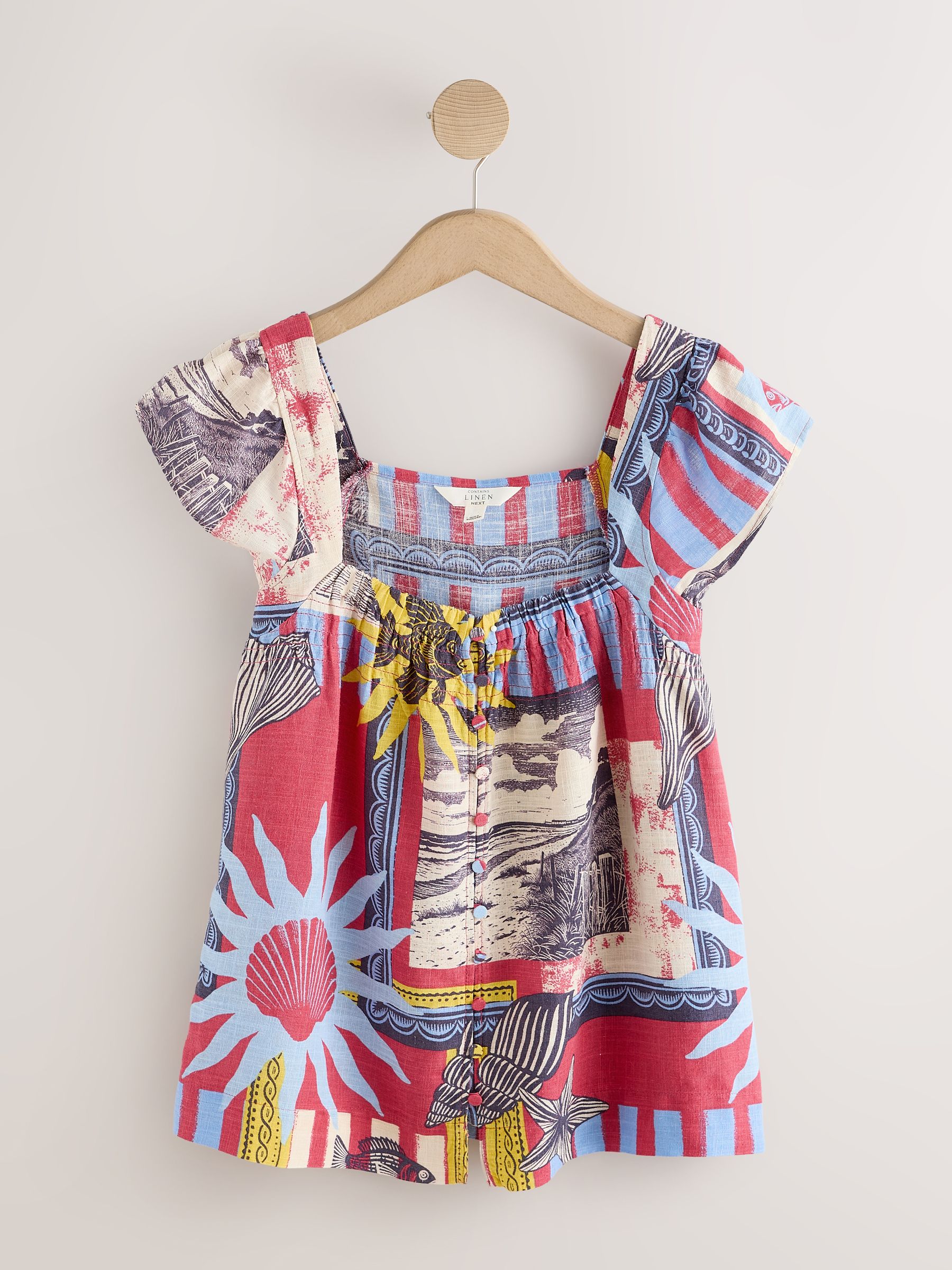 Buy Pink/Blue Frame Print Flutter Sleeve Button Front Top With