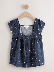 Navy/White Polka Dot Flutter Sleeve Button Front Top With Linen - Image 1 of 3
