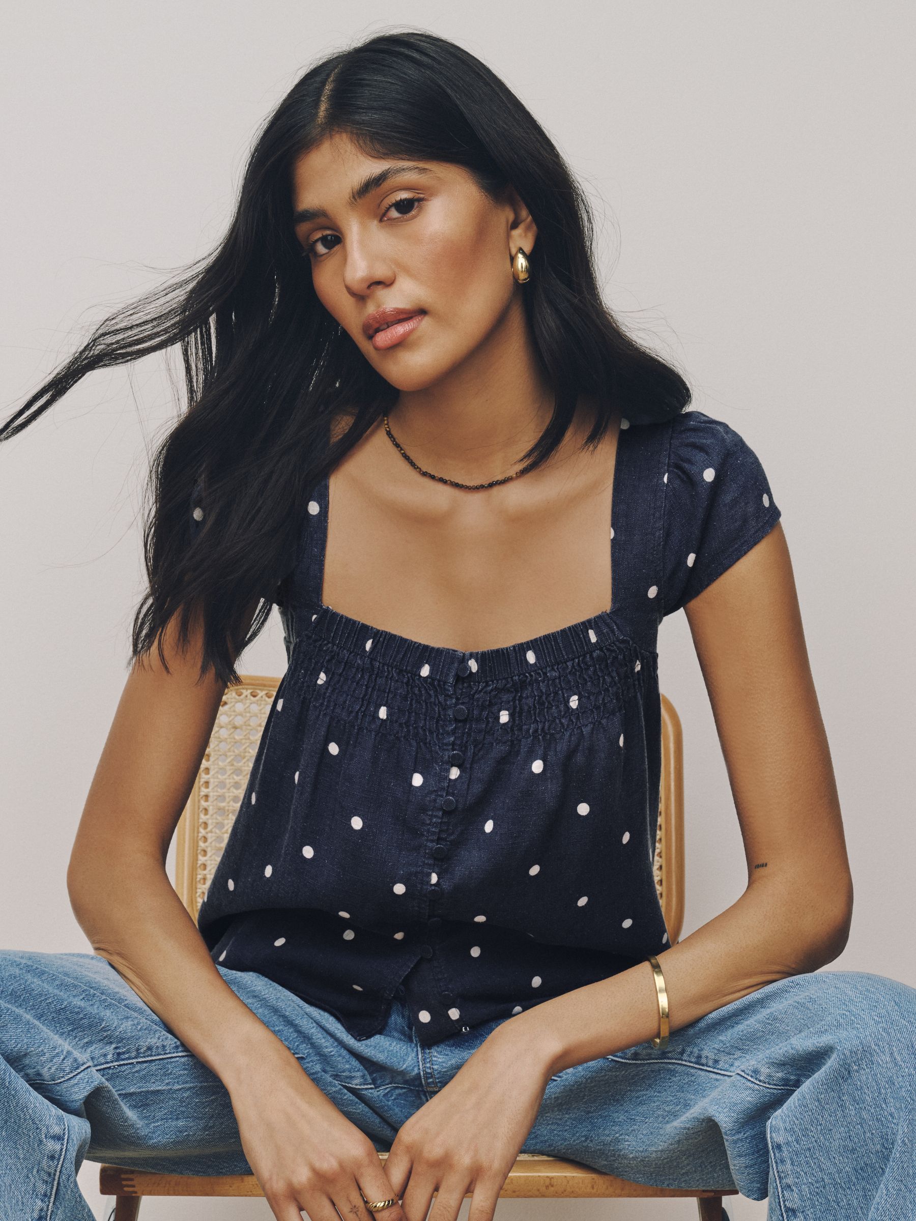 Buy Navy Blue Polka Dot Flutter Sleeve Button Front Top With Linen