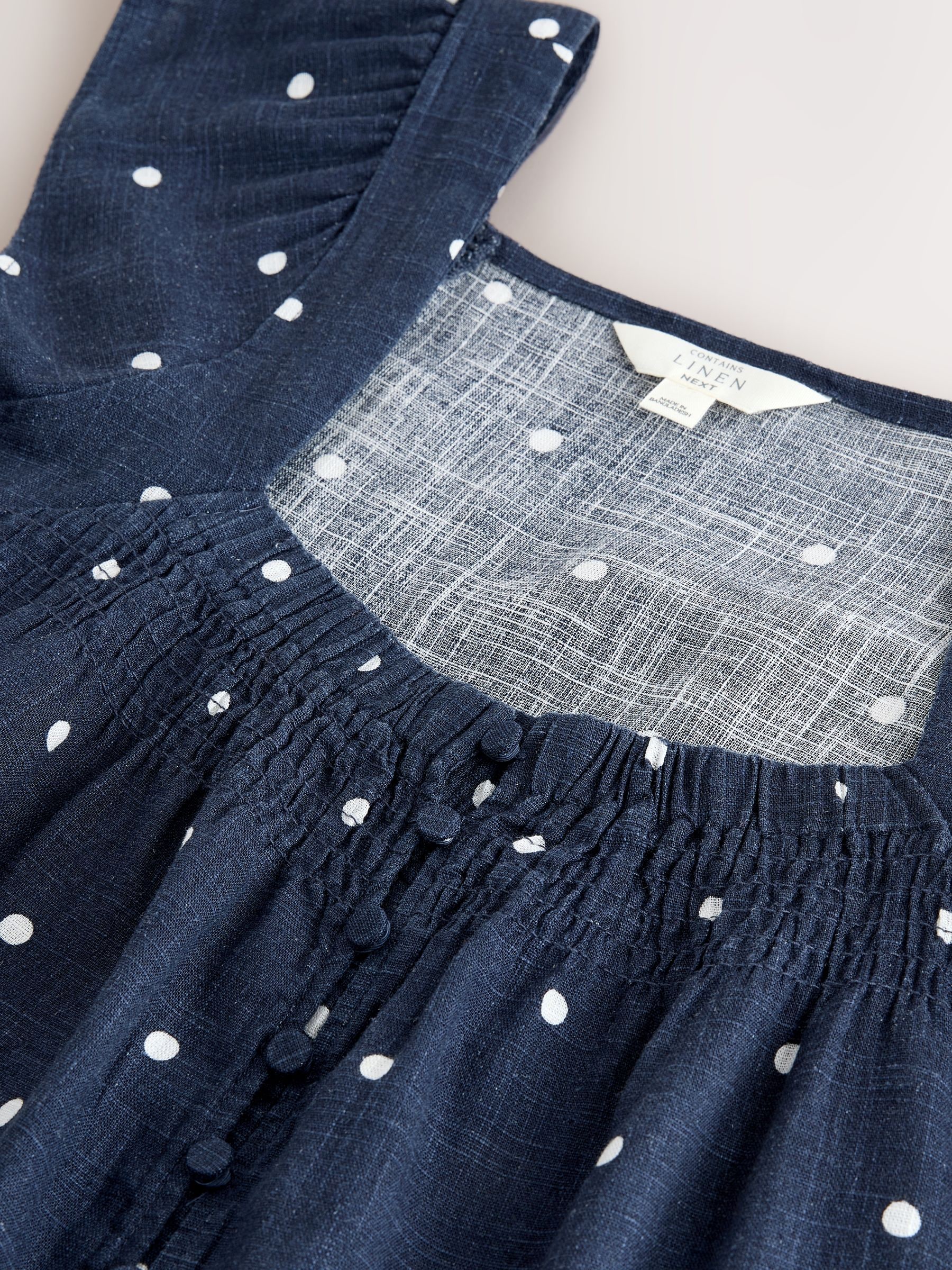 Buy Navy Blue Polka Dot Flutter Sleeve Button Front Top With Linen