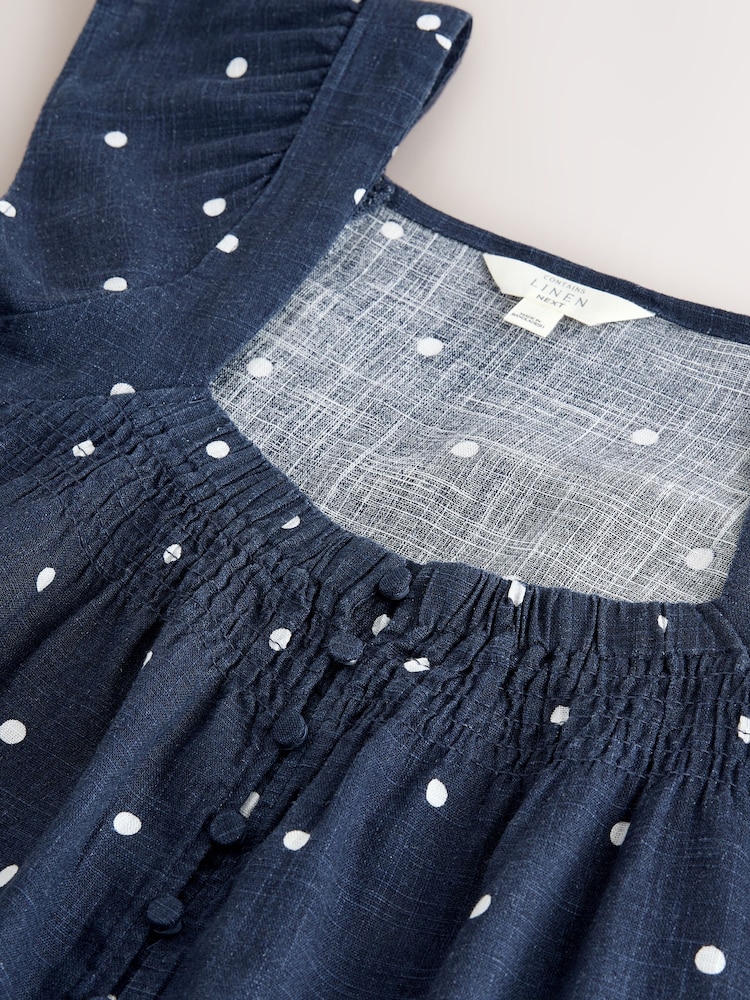 Navy/White Polka Dot Flutter Sleeve Button Front Top With Linen - Image 7 of 7 Navy/White Polka Dot Flutter Sleeve Button Front Top With Linen - Image 7 of 7