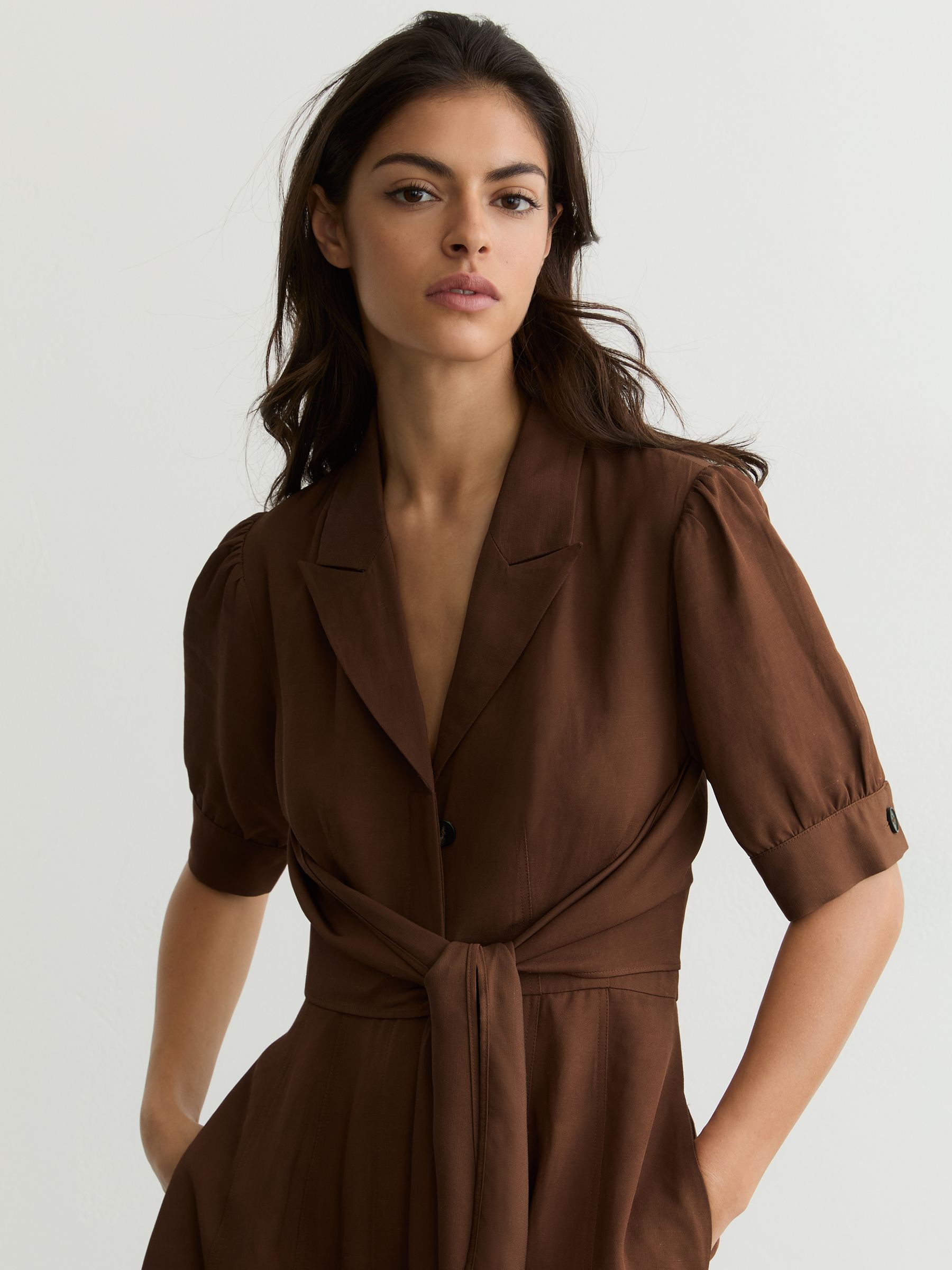 Buy Reiss Rust Orange Tessera Short-Sleeve Belted Midi Dress with
