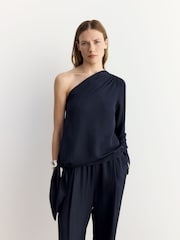 BHOEM Navy Blue Draped Asymmetric Fluid Blouse - Image 7 of 10