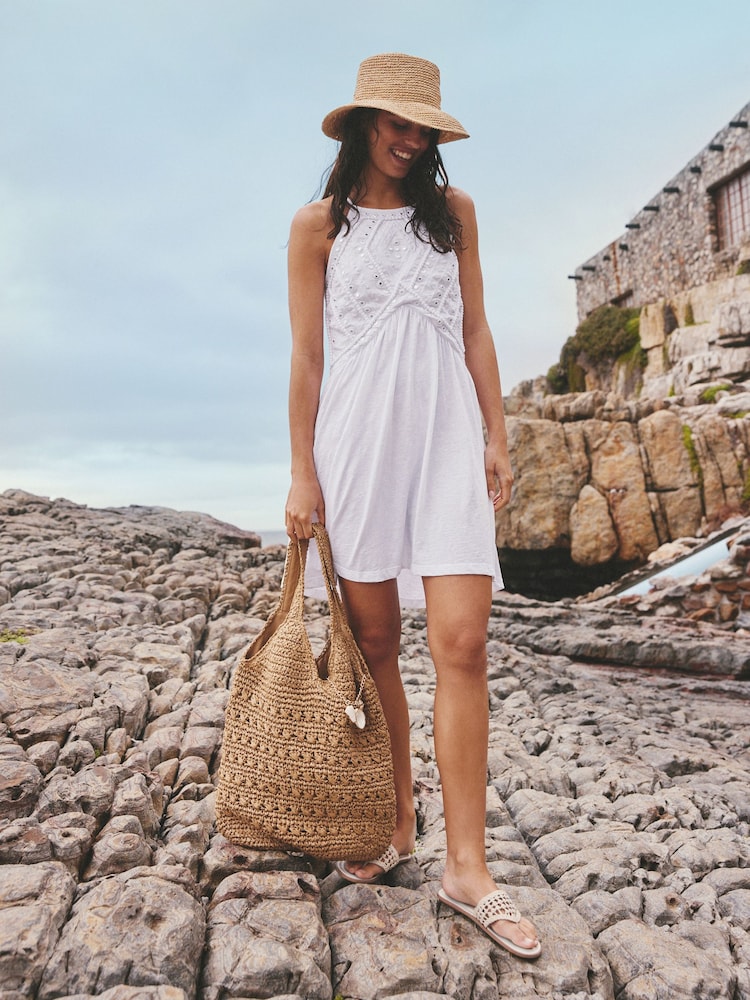 White Embroidered Mirror Detail High Neck Mini Dress - Image 2 of 5