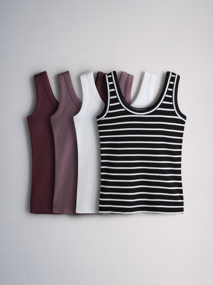 The Set 4 Pack Ribbed Scoop Vests Plum/Purple/White/Stripe - Image 1 of 6