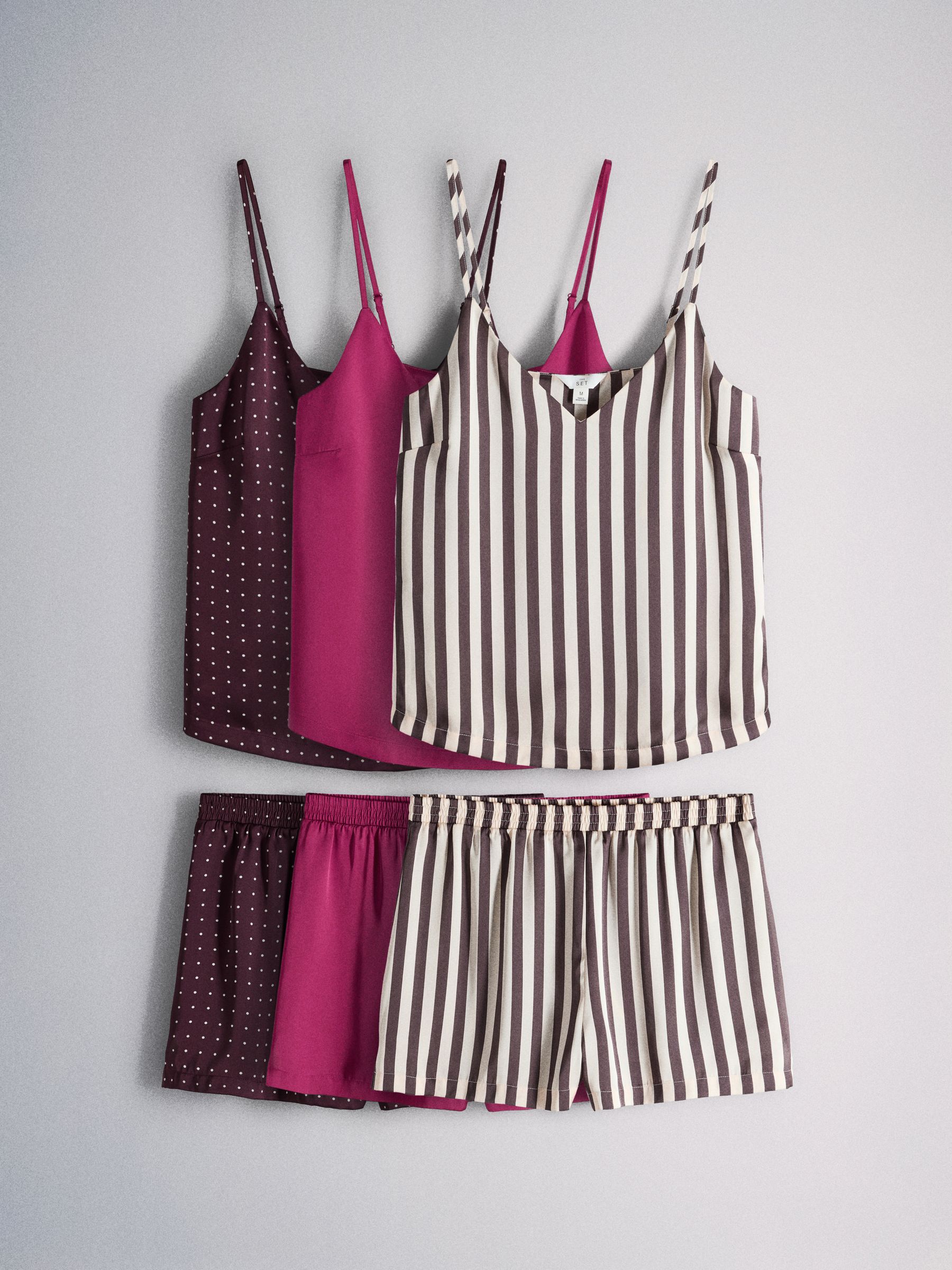 The Set 3 Pack Satin Cami and Short Pyjamas Set Berry/Spot/Stripe