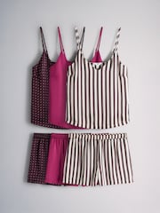The Set 3 Pack Satin Cami and Short Pyjamas Set Berry/Spot/Stripe - Image 1 of 6