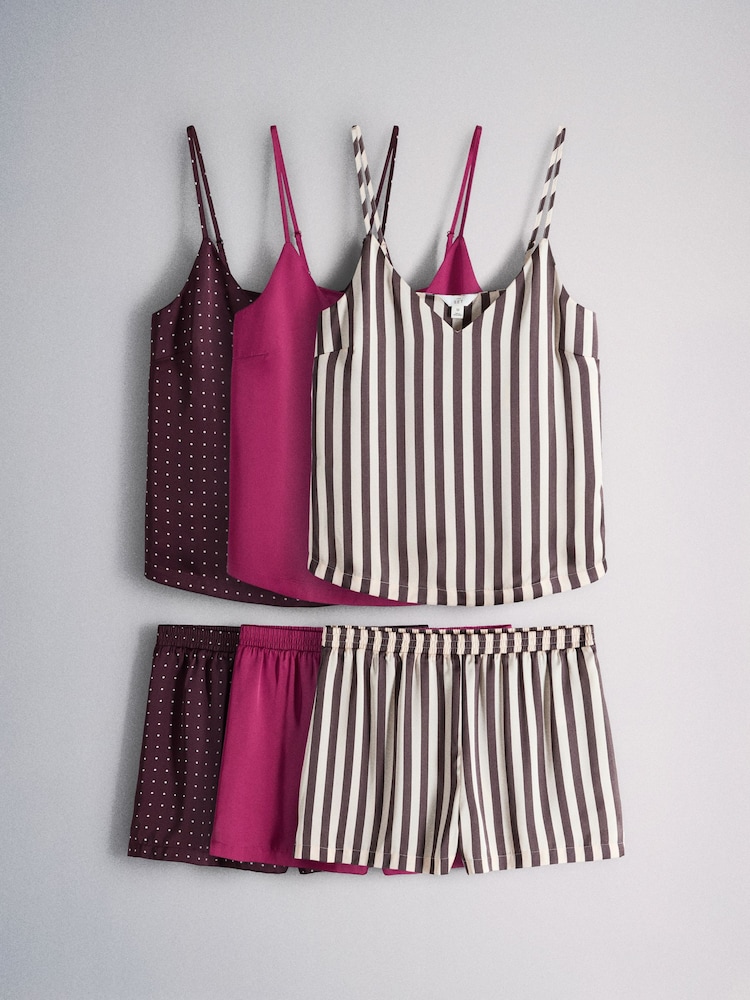 The Set 3 Pack Satin Cami and Short Pyjamas Set Berry/Spot/Stripe - Image 1 of 6