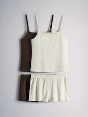 The Set 2 Pack Pointelle Cami and Short Pyjama Sets Brown/Cream - Image 1 of 6