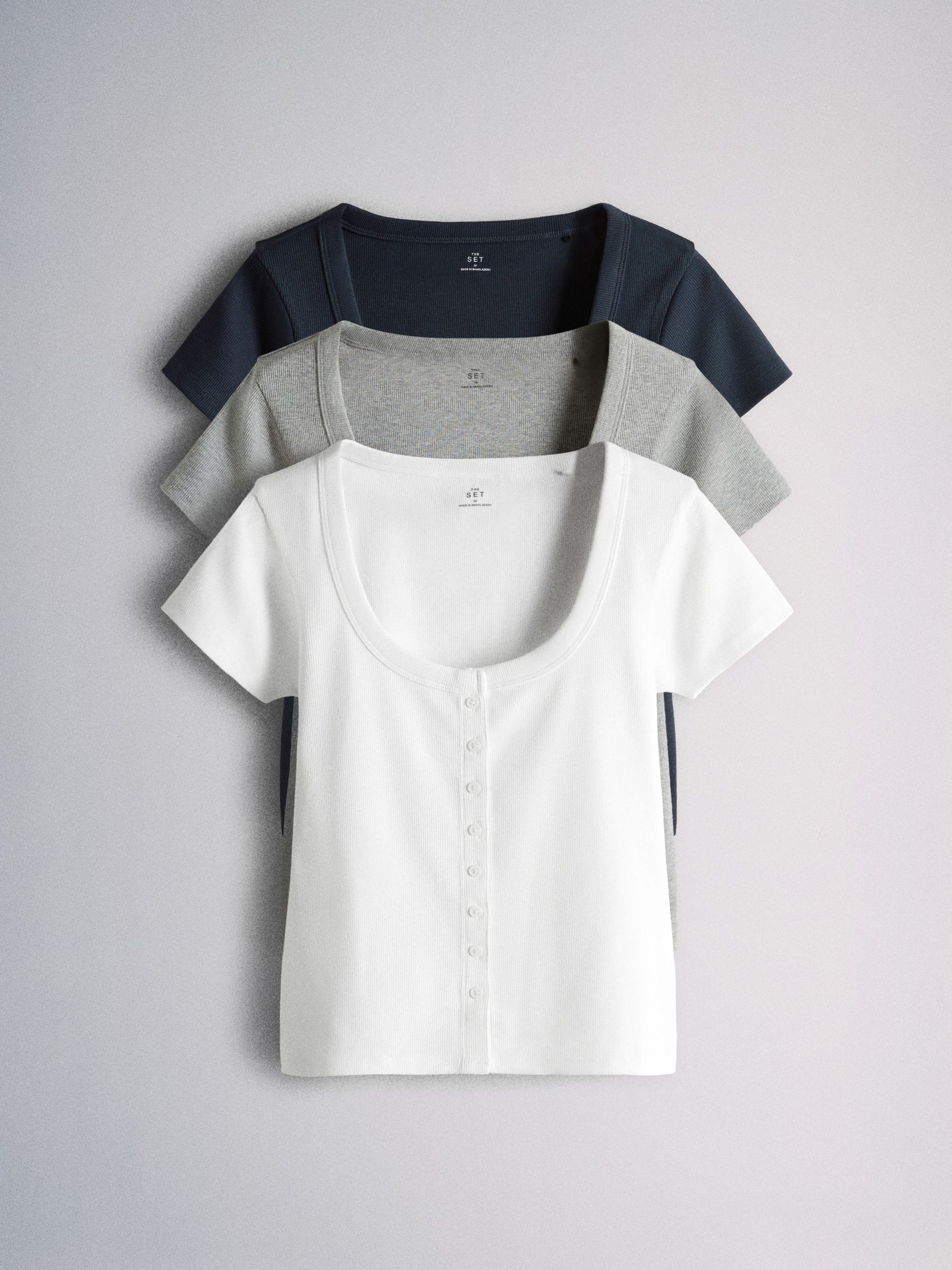 Buy The Set 3 Pack Scoop Neck Button Through Tops Navy/Grey Marl