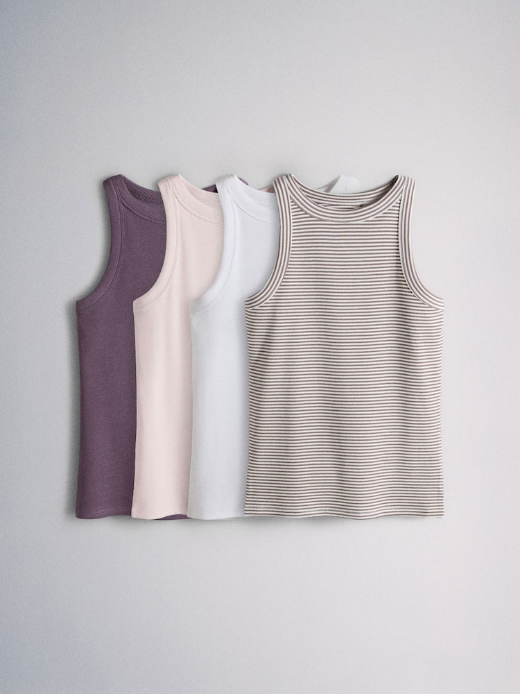 The Set 4 Pack Racer Ribbed Vests Purple/Pink/White/Neutral Stripe - Image 1 of 6