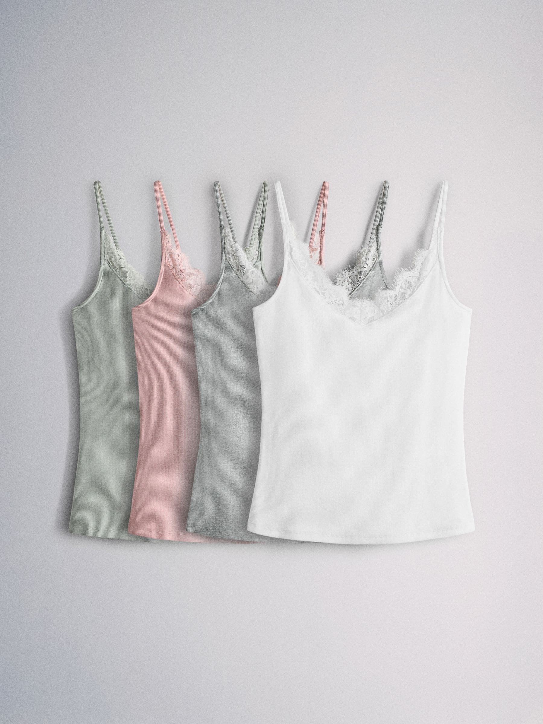 Buy The Set 4 Pack Ribbed Lace Trim Cami Vest White/Grey/Pink