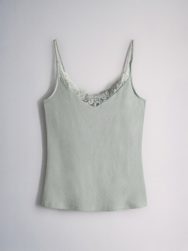 White/Grey/Pink/Green - The Set 4 Pack Ribbed Lace Trim Cami Vest - Attēls 2 no 6