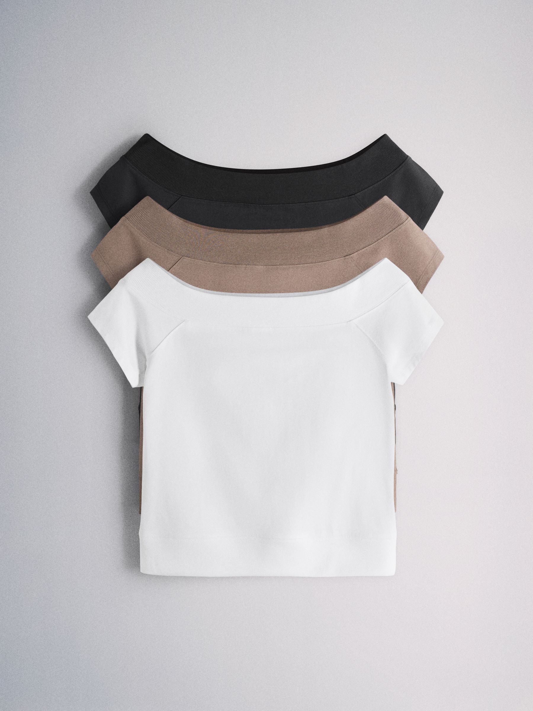 The Set 3 Pack Off Shoulder Tops Black Brown/White