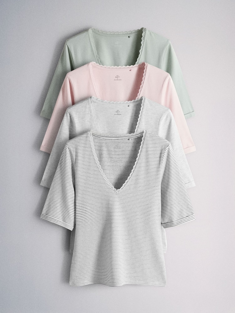 The Set 4 Pack Mid Sleeve V-Neck Lace Tops Green/Pink/Grey/Stripe - Image 2 of 11 The Set 4 Pack Mid Sleeve V-Neck Lace Tops Green/Pink/Grey/Stripe - Image 2 of 11